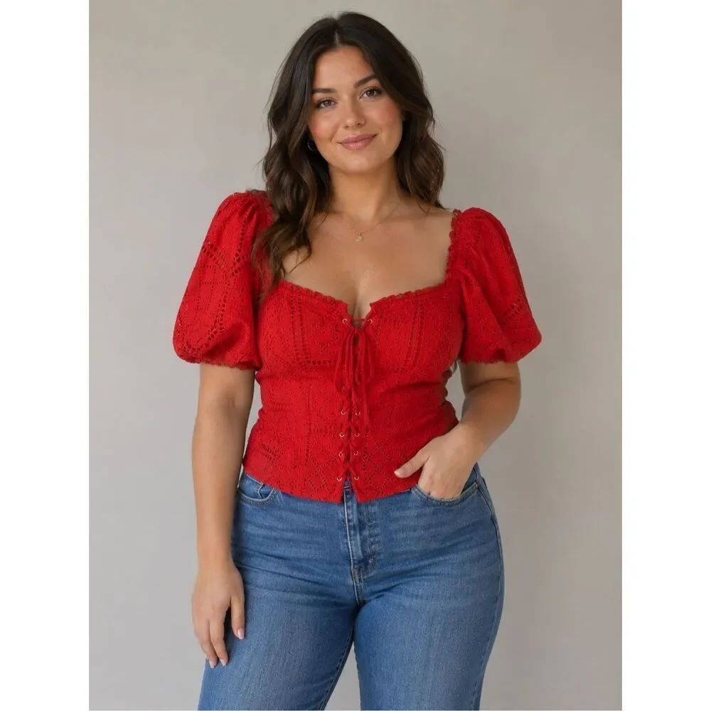 Parker Red Peplum Poof Sleeve Crochet Corset Top Large 100% Cotton #200